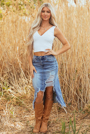 Alexis Irregular Distressed Bottom Denim Midi Skirt