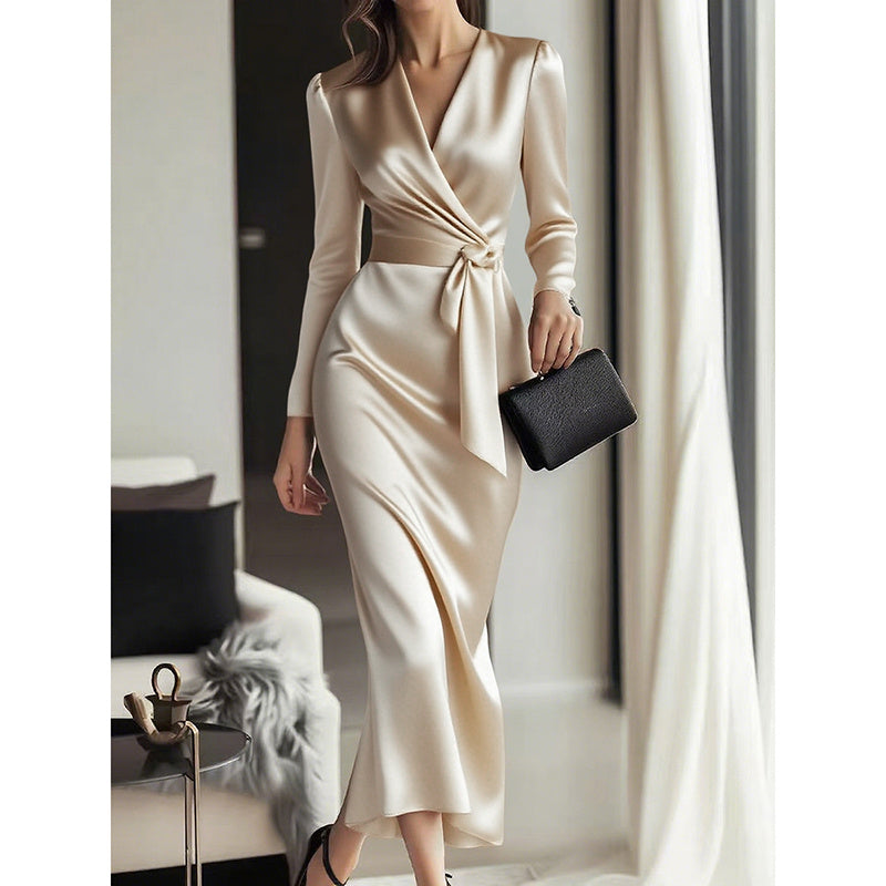 Elegant Burgundy Satin Midi Dress With Belted Waist