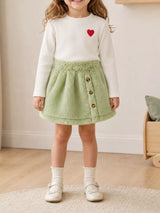 Children's Heart-Embroidered Ribbed Top and Fuzzy Skirt Set