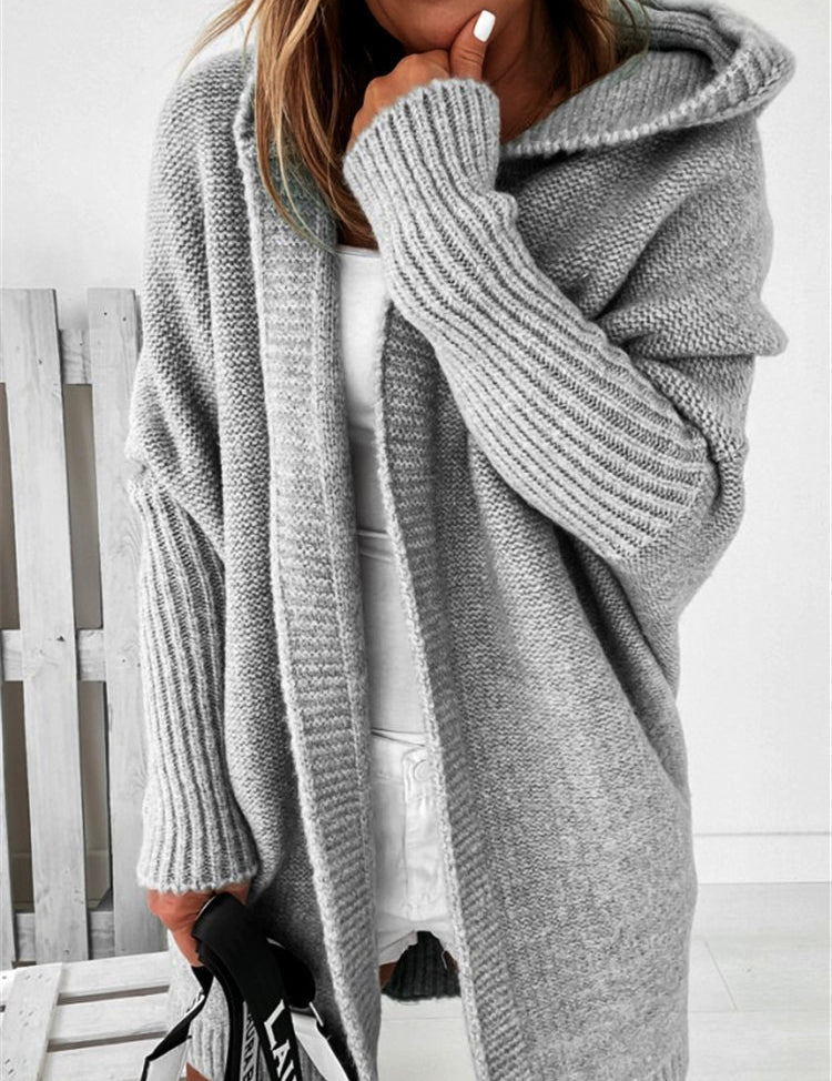 Knitted Hooded Cardigan With Batwing Sleeve