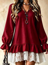 V-Neck Long Sleeve Ruffle Hem Lace Trim Mini Dress