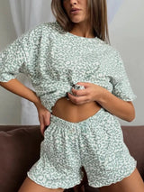 Leopard Print T-Shirt and Ruffle Hem Shorts Lounge Set