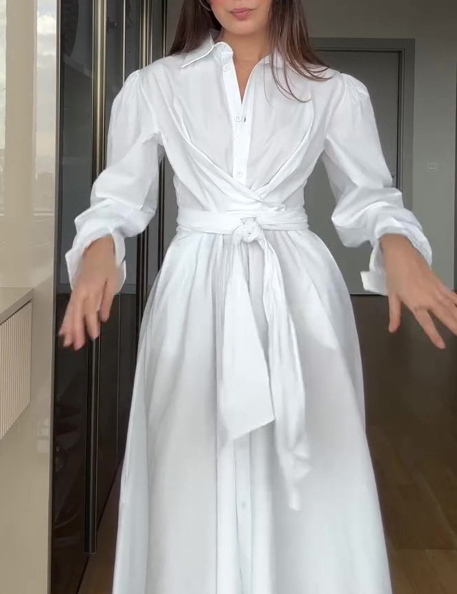White Strappy Long Sleeve Shirt Dress