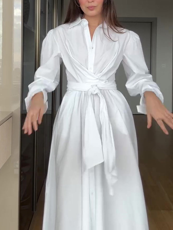 White Strappy Long Sleeve Shirt Dress