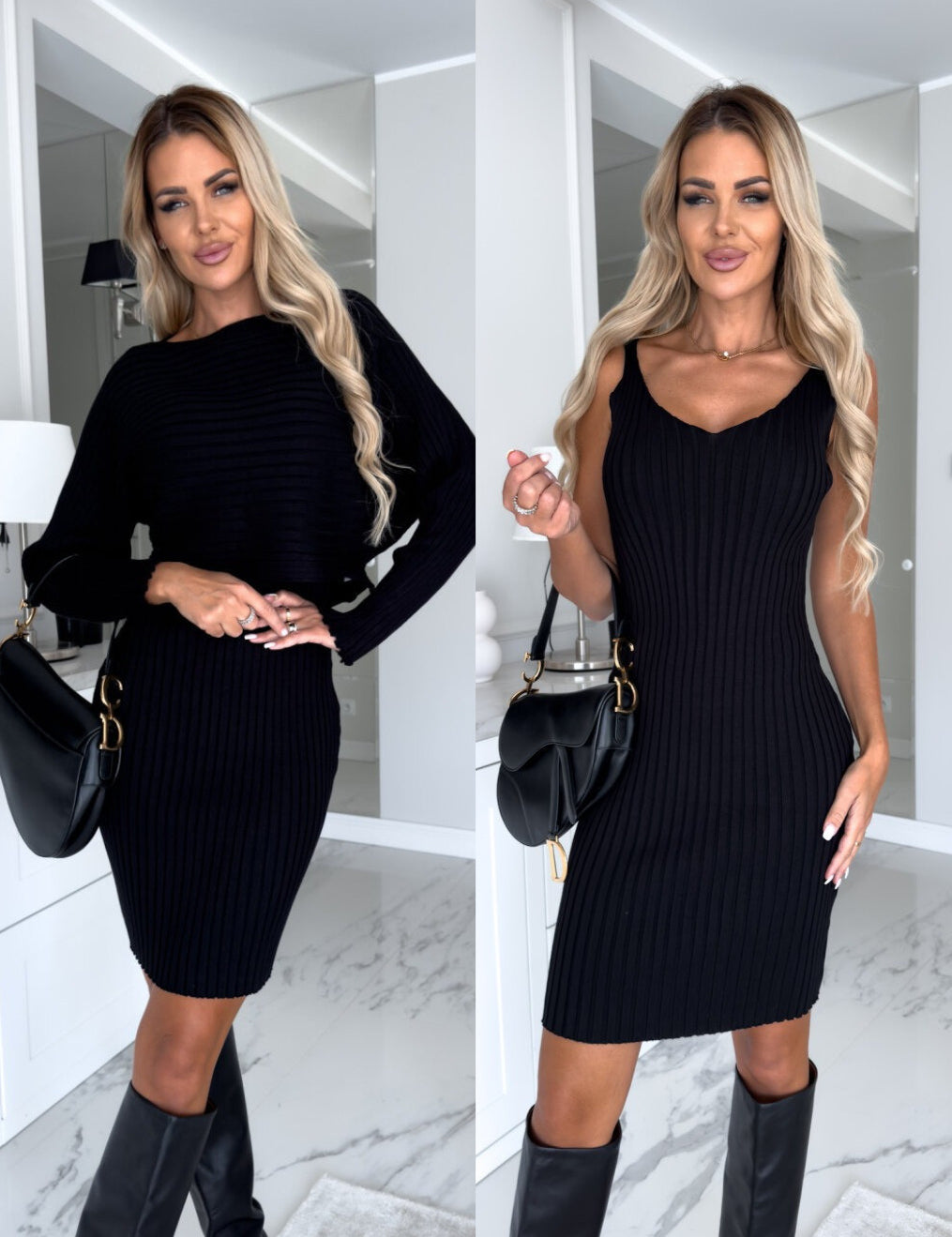 2pcs Suit Women's Solid Stripe Long-sleeved Top And Suspender Skirt
