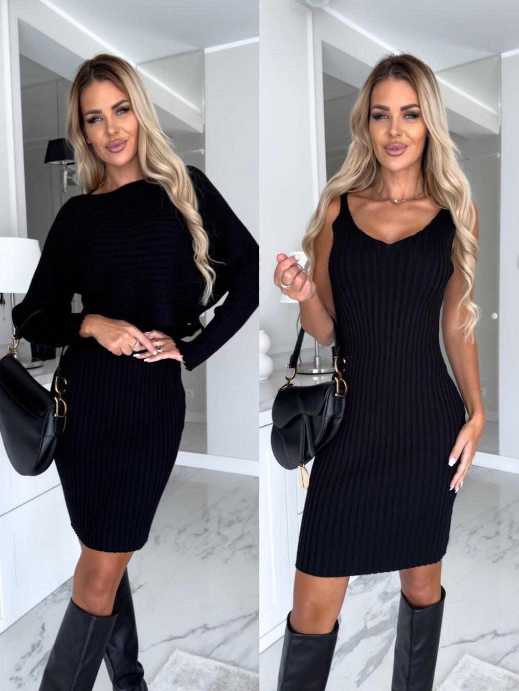 2pcs Suit Women's Solid Stripe Long-sleeved Top And Suspender Skirt