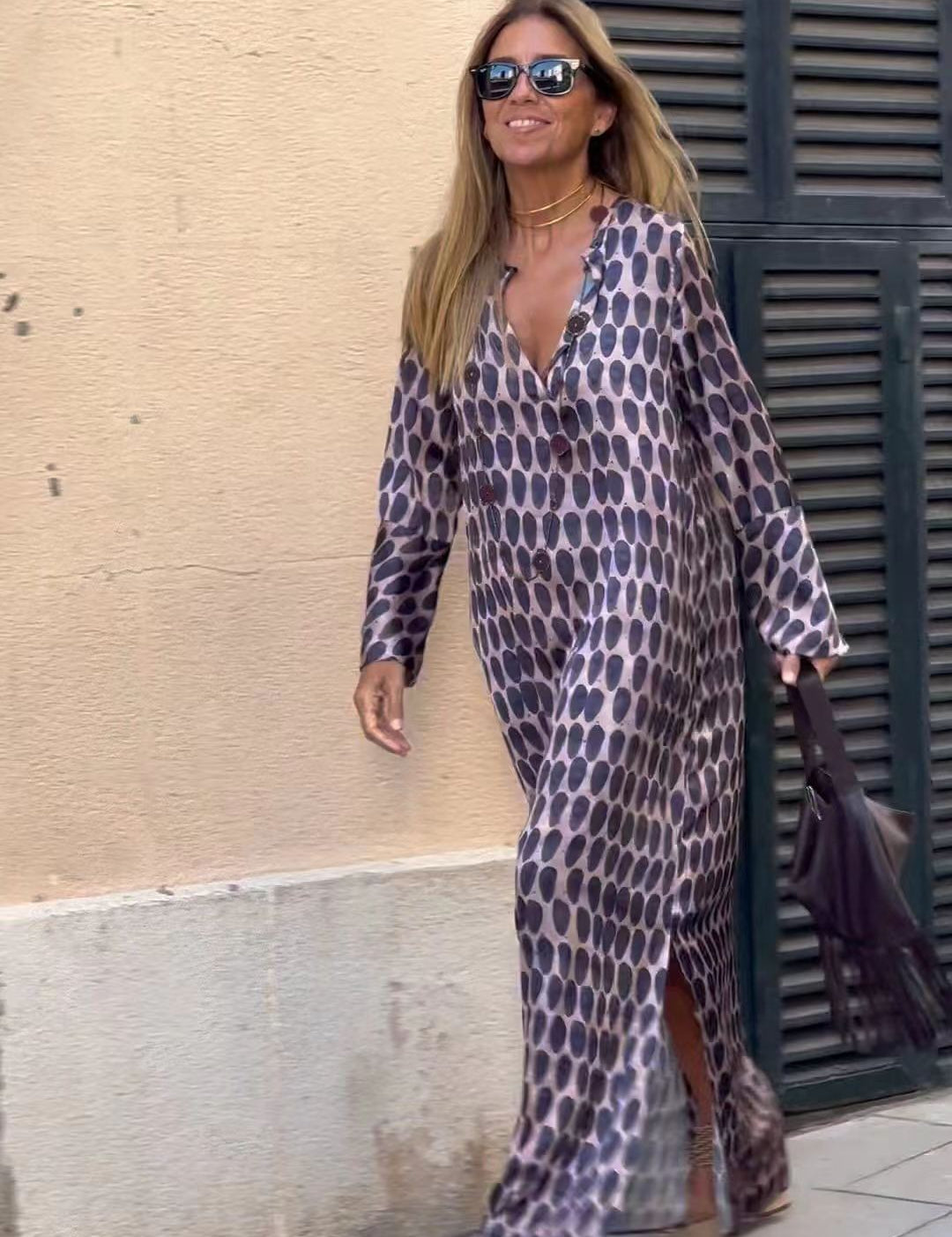 Summer Geometric Printed V-neck Long Dress Fashion Long Sleeve Slit Dresses For Women