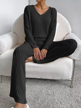 Ribbed Knit V-Neck Top and Pants Set