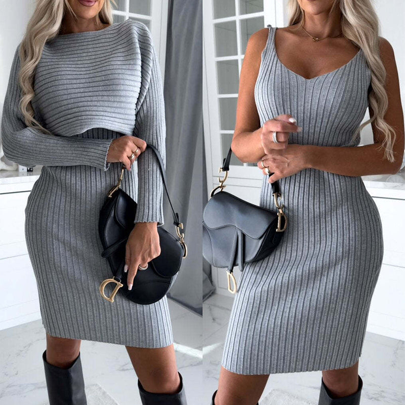 2pcs Suit Women's Solid Stripe Long-sleeved Top And Suspender Skirt