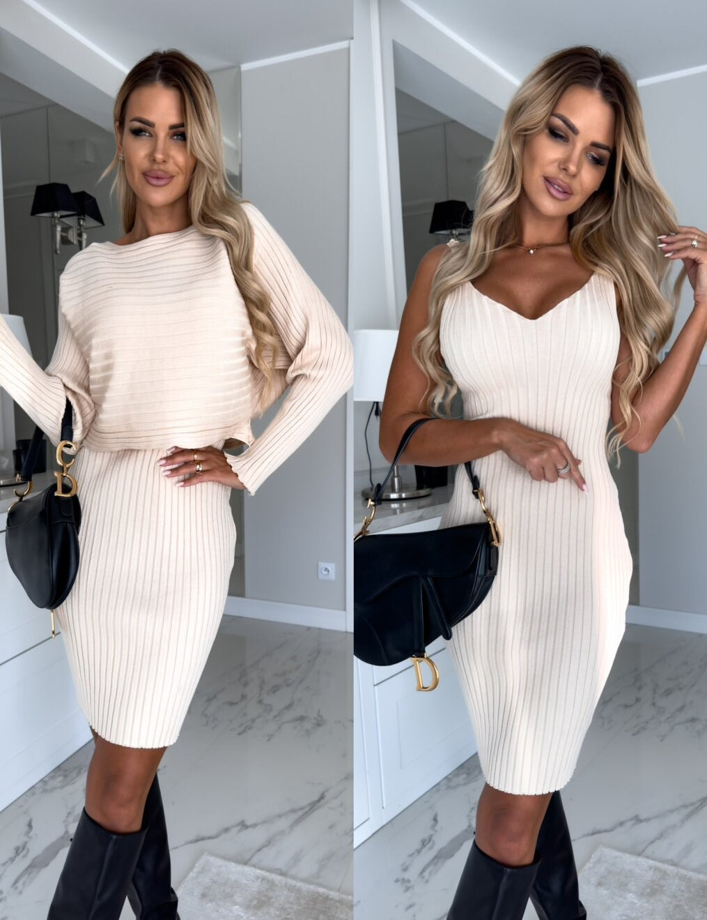 2pcs Suit Women's Solid Stripe Long-sleeved Top And Suspender Skirt