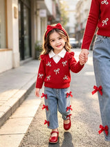 Children's Festive Bow-Embellished Knit Sweater and Jeans Set
