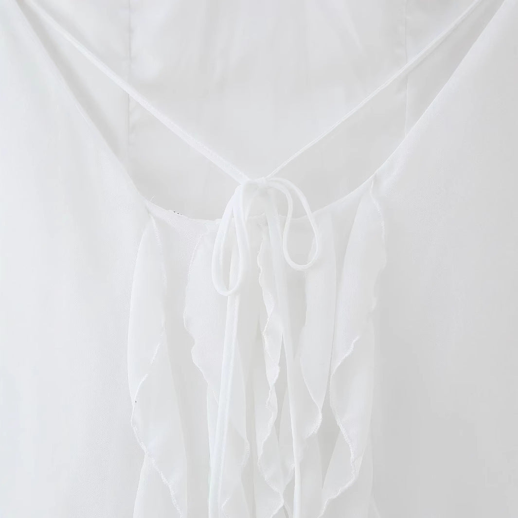 Pure Color Halter Backless Lace-up Sleeveless Ruffled Pleated Dress