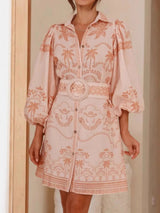 Printed Button Down Shirt Dress with Belt