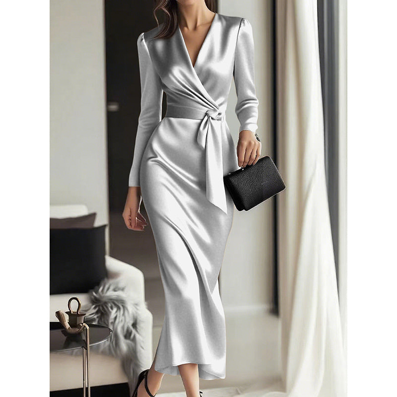 Elegant Burgundy Satin Midi Dress With Belted Waist