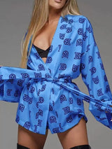 Geometric Cat Print Cardigan and Shorts Lounge Set