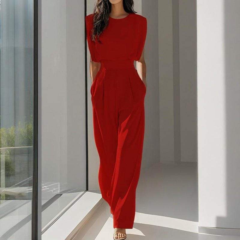 Round Neck Short Sleeve Wide-Leg Jumpsuit