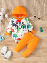 Children's Dinosaur Print Hooded Long Sleeve Bodysuit and Pants Set