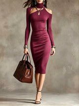 Cold-Shoulder Turtleneck Ribbed Knit Dress