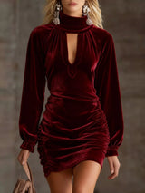 Full Size Velvet Ruched Flounce Sleeve Mini Dress Plus Size