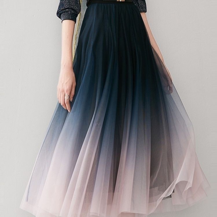 Mesh High Waist Large Swing A- Line Gradient Skirt