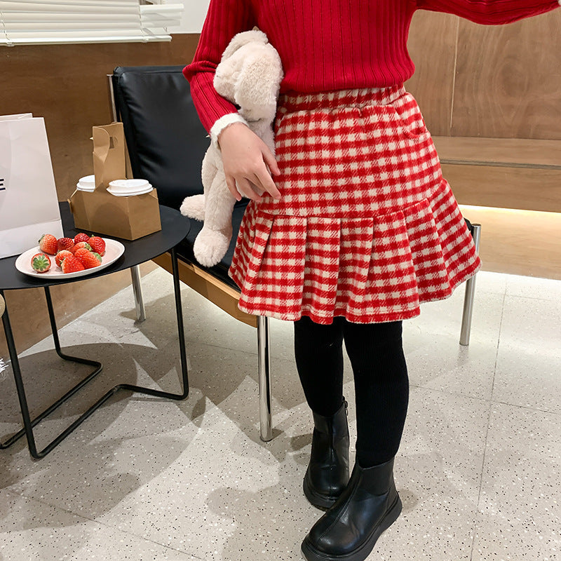 Woolen Plaid Pleated Skirt