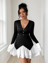 Two Tone V-Neck Long Sleeve Mini Dress