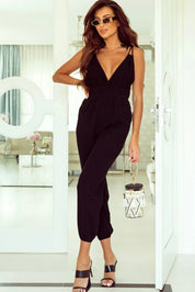 Black V Neck Knotted Shoulder Backless Pocket Jumpsuit