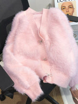 Fuzzy Bow Button Up Cardigan