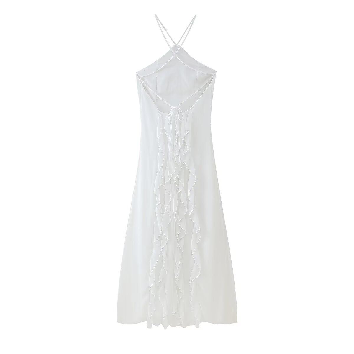 Pure Color Halter Backless Lace-up Sleeveless Ruffled Pleated Dress