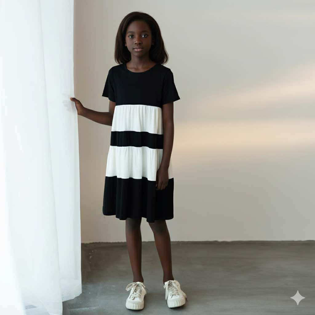 Black and White Stripped Knitted Loose Dress