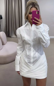 White Pleated Long Sleeve Shirt Dress