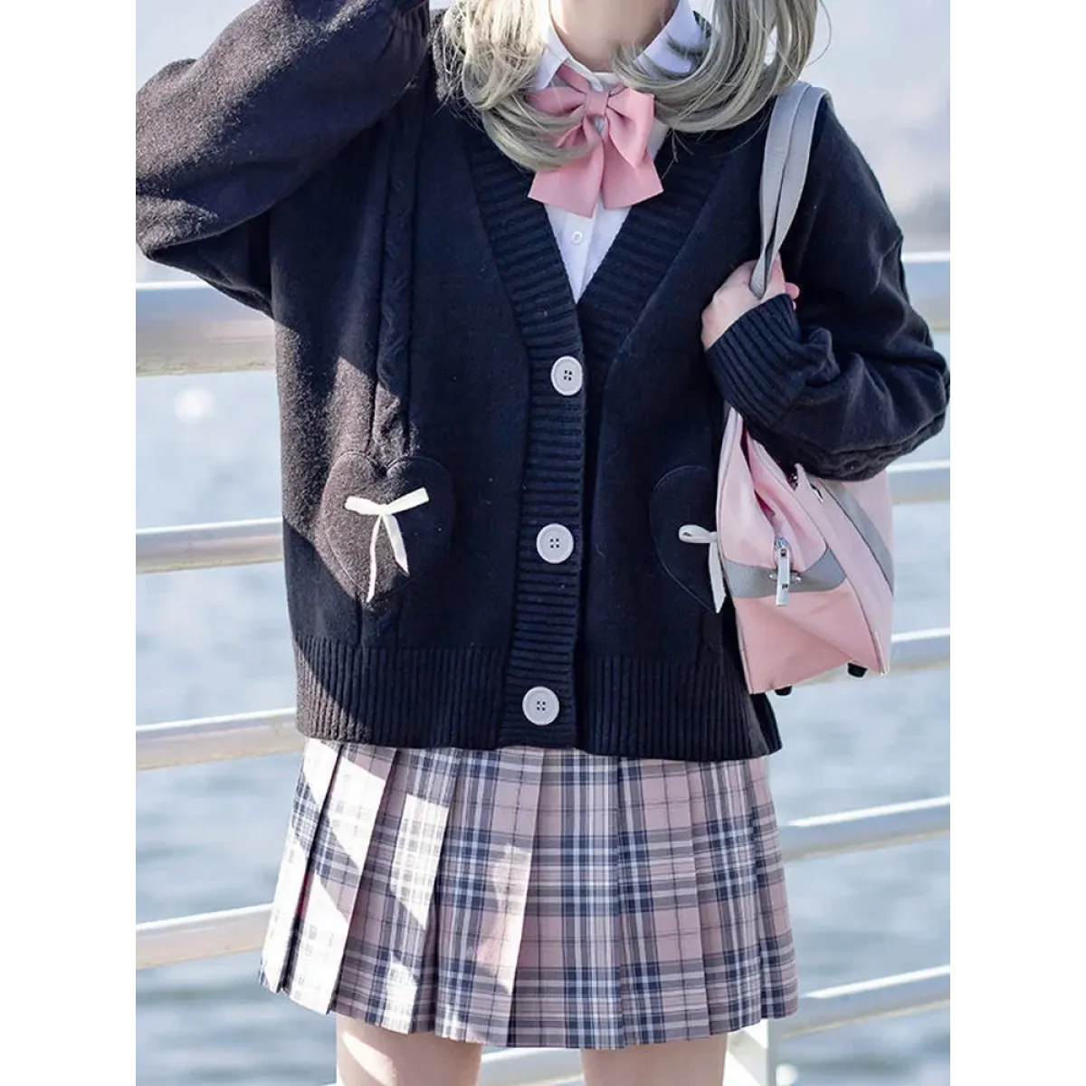 Kawaii Knitted Cardigan – Women's Heart Pocket Bow Sweater