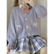Kawaii Knitted Cardigan – Women's Heart Pocket Bow Sweater