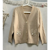 Kawaii Knitted Cardigan – Women's Heart Pocket Bow Sweater