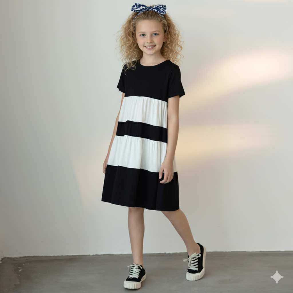 Black and White Stripped Knitted Loose Dress