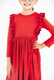 Red L/S Ruffle Twirl Dress