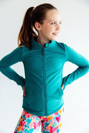 Turbo Teal Full-Zip Ruffle Active Jacket