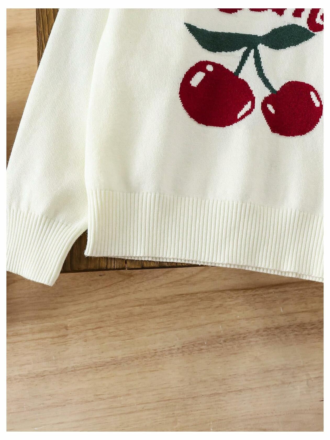 BEAUDRM Girl's Cherry Knit Sweater Long Sleeve Crewneck Apricot Size 11Y