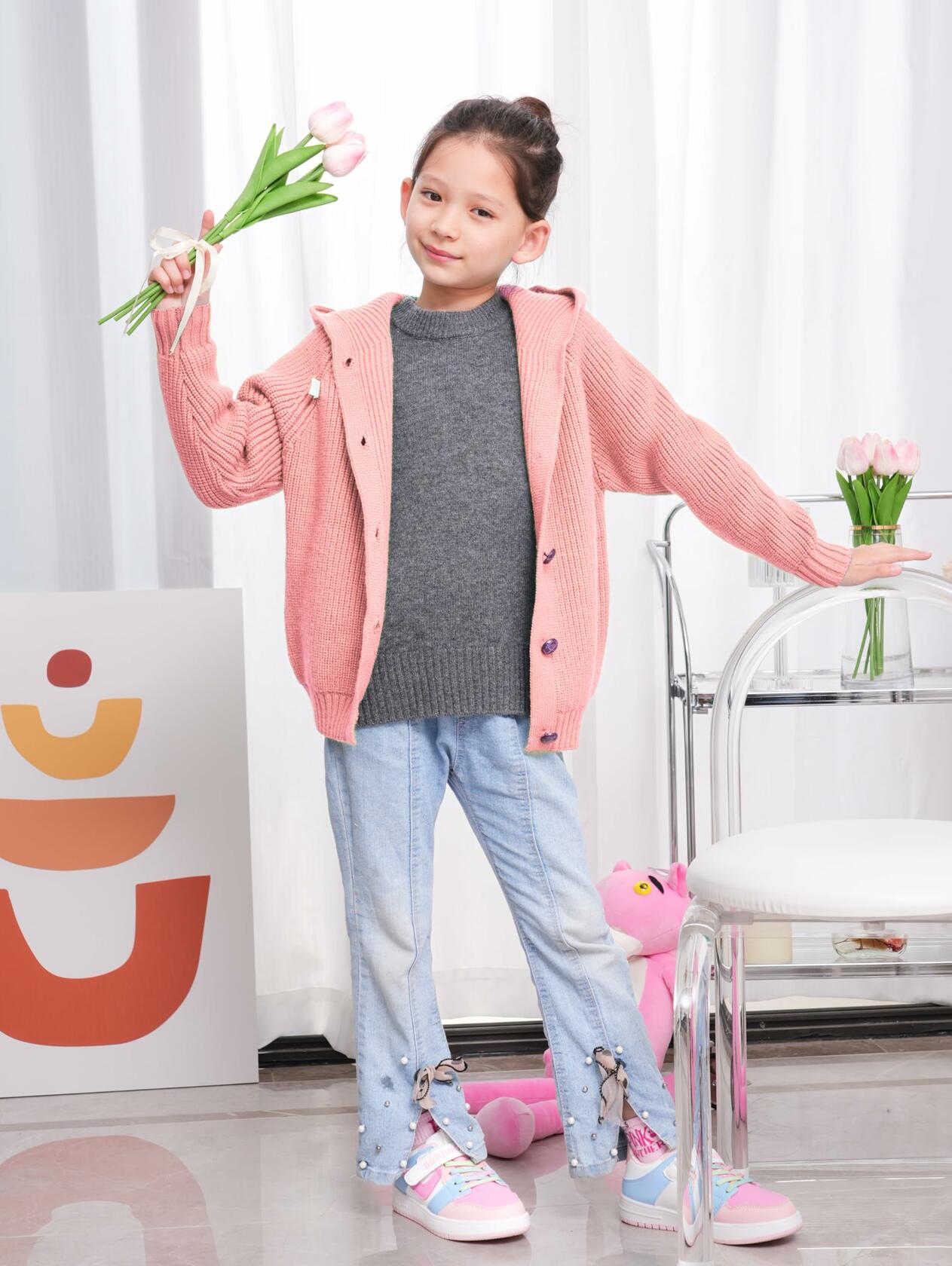 AUTWARM Girls Hooded Cardigan Oversized Knit Sweater Brown Size 5-6Y