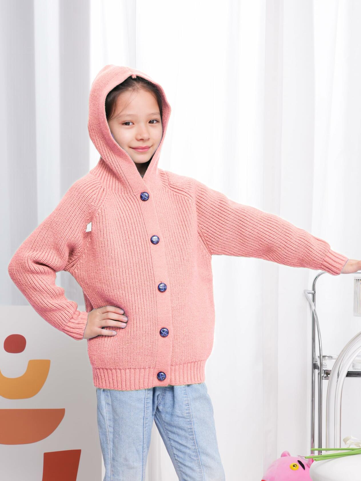 AUTWARM Girls Hooded Cardigan Oversized Knit Sweater Brown Size 5-6Y