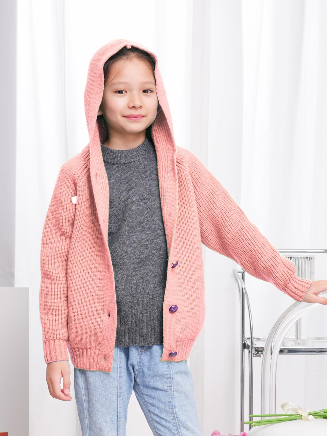 AUTWARM Girls Hooded Cardigan Oversized Knit Sweater Brown Size 5-6Y