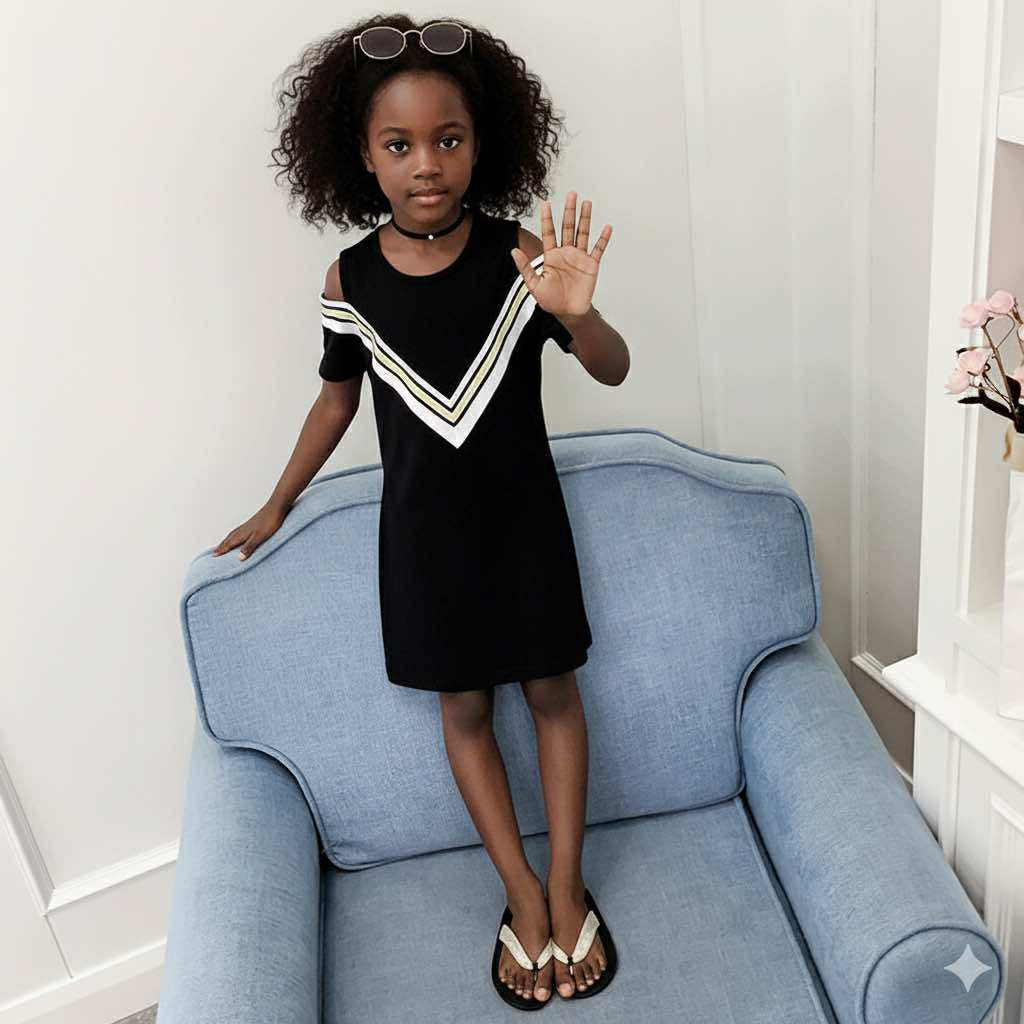 Black V-shaped Stripe Dress